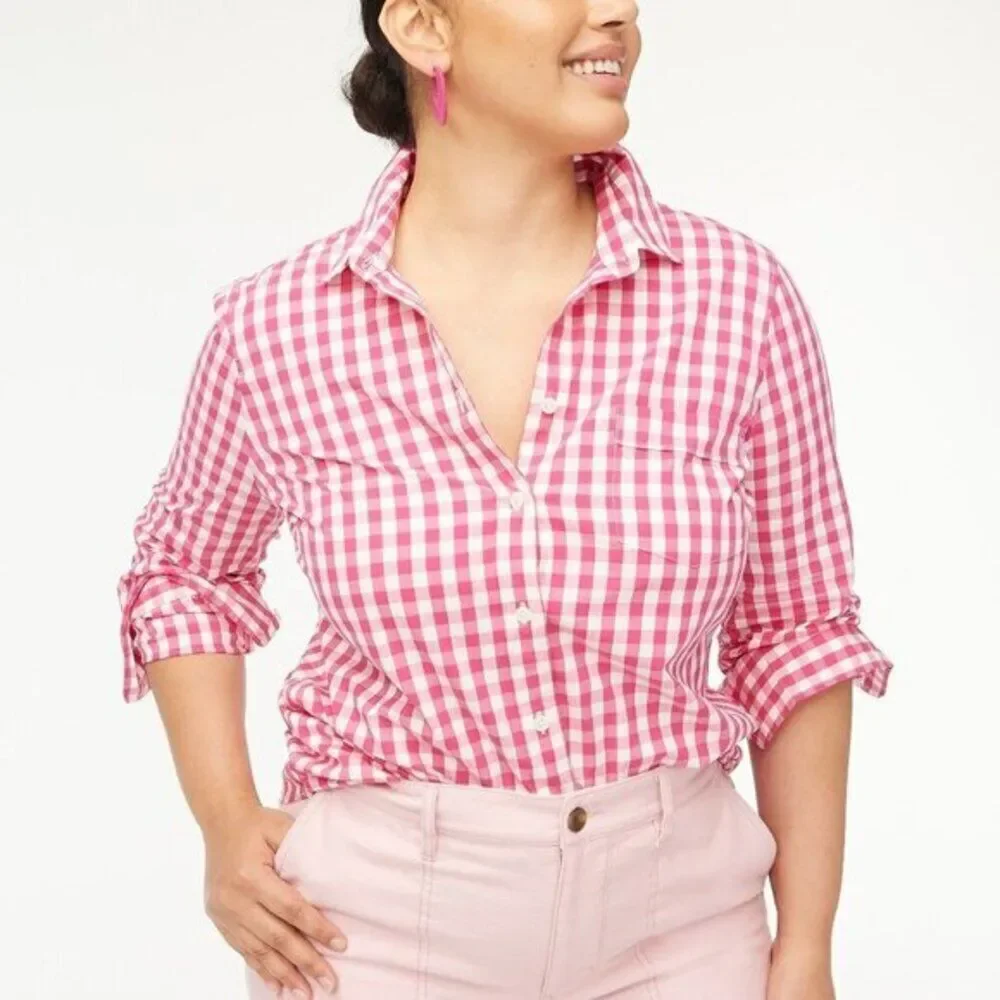 J‎ Crew Women's  Plaid Pink Shirt Signature Fit Button Down Cotton Medium $89